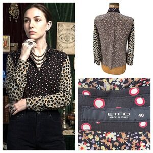 ETRO Milano Silk Blouse Mixed Print Polka Dot Floral Whimsigoth Artsy Size 4 US